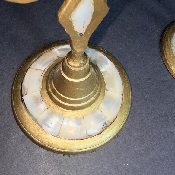 Vtg Brass Fleur de Lis Candlestick Holders Mother of Pearl Inlay Pair 9.5in - Picture 16 of 16